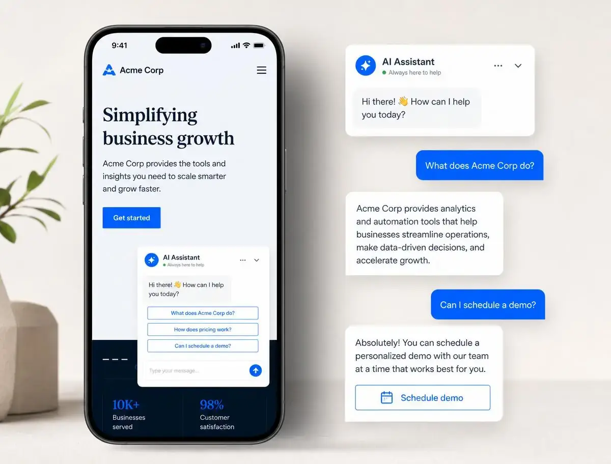 AI chat assistant answering business questions on a phone with sample conversation