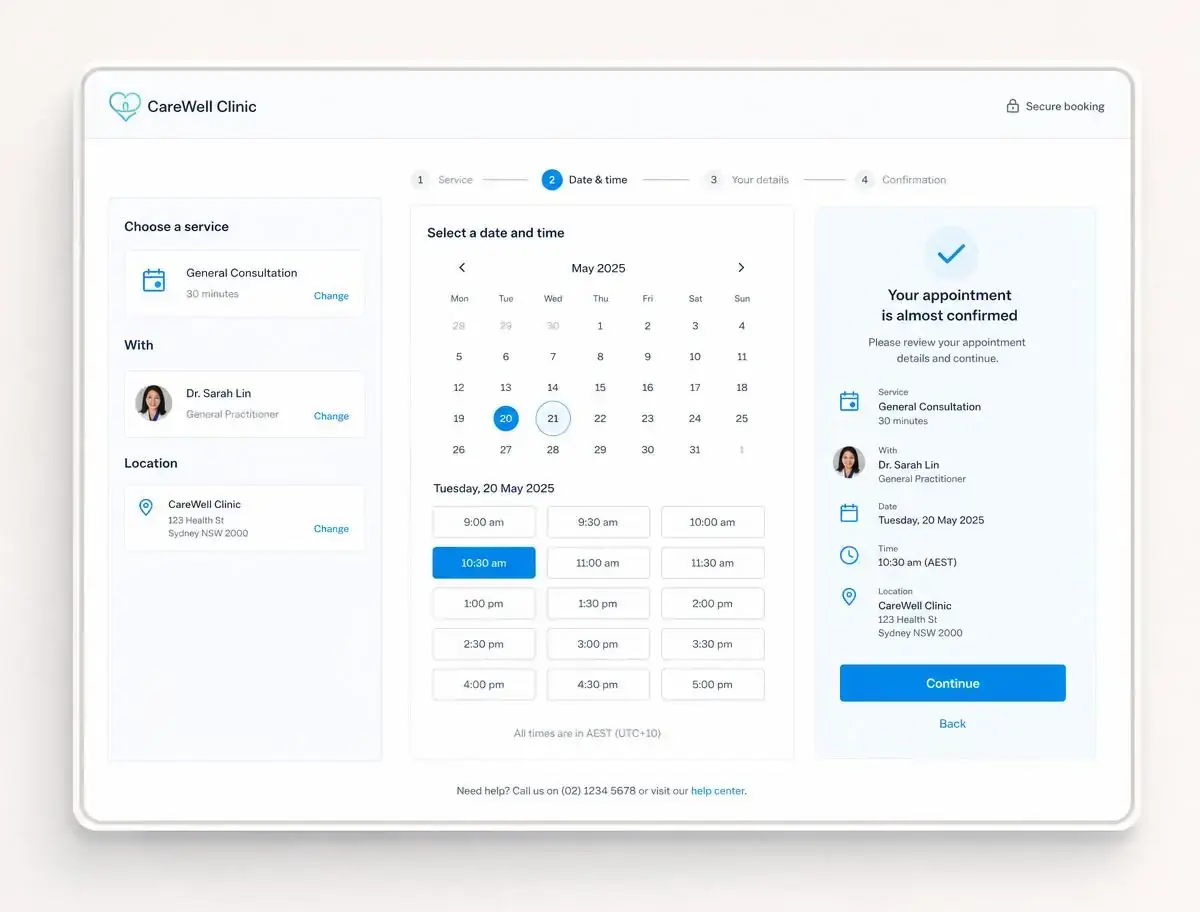 Online booking interface with calendar, time slots and confirmation panel